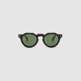 Brutal 2.0 Sunglasses by Tribu Eyewear — Green polarised lens in a round tort acetate frame, front view on grey background.