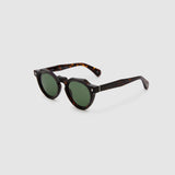 Brutal 2.0 Sunglasses by Tribu Eyewear — Green polarised lens in a round tort acetate frame, side view on grey background.