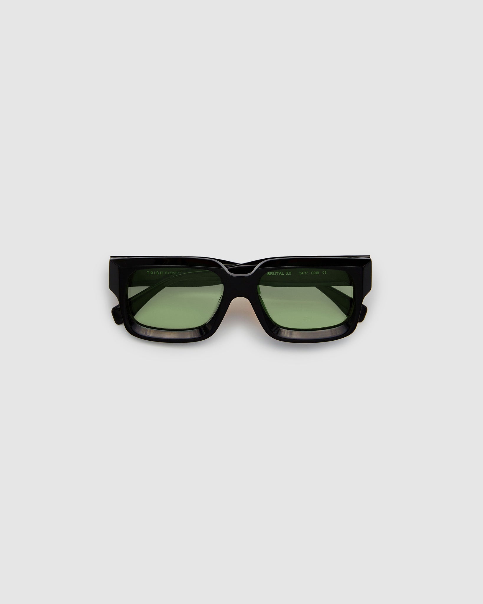 Brutal 3.0  Sunglasses by Tribu Eyewear — Black square acetate frame, sage lens, flat view light grey background.