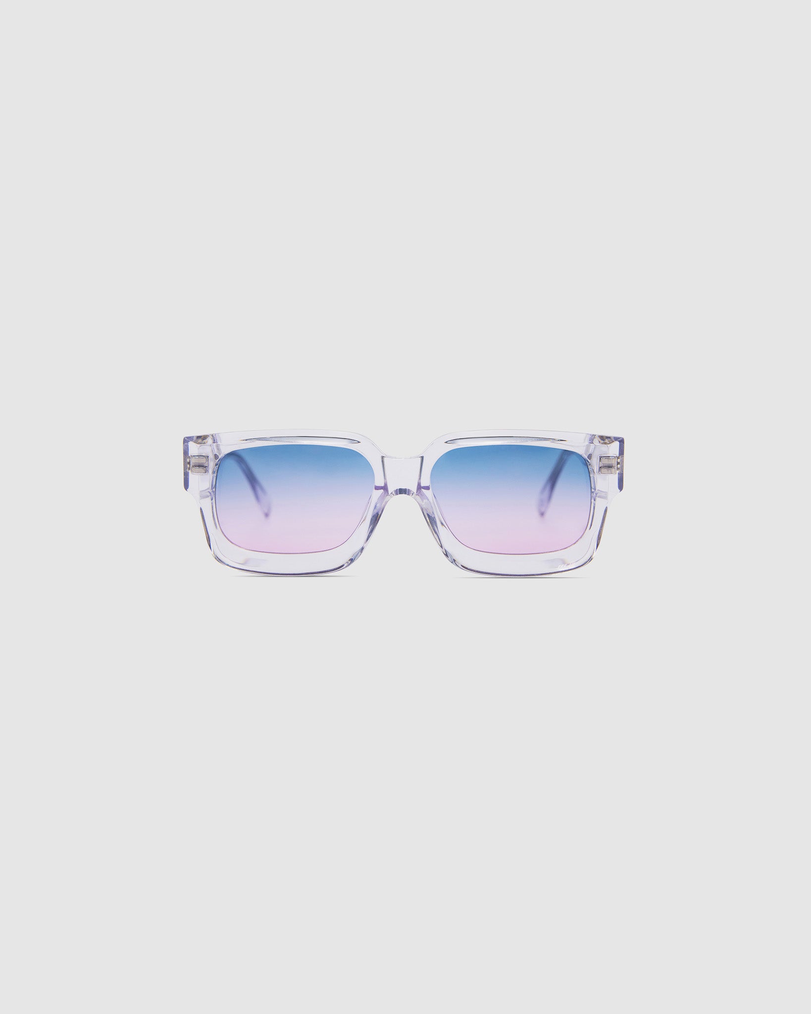 Brutal 3.0 Crystal Sunglasses by Tribu Eyewear — Crystal square acetate frame, Deep Ocean lens, front view light grey background.