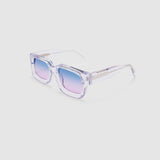Brutal 3.0 Crystal Sunglasses by Tribu Eyewear — Crystal square acetate frame, Deep Ocean lens, side view light grey background.
