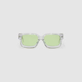 Brutal 3.0  Sunglasses by Tribu Eyewear — Crystal square acetate frame, sage lens, front view light grey background.