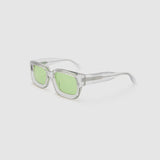 Brutal 3.0  Sunglasses by Tribu Eyewear — Crystal square acetate frame, sage lens, side view light grey background.