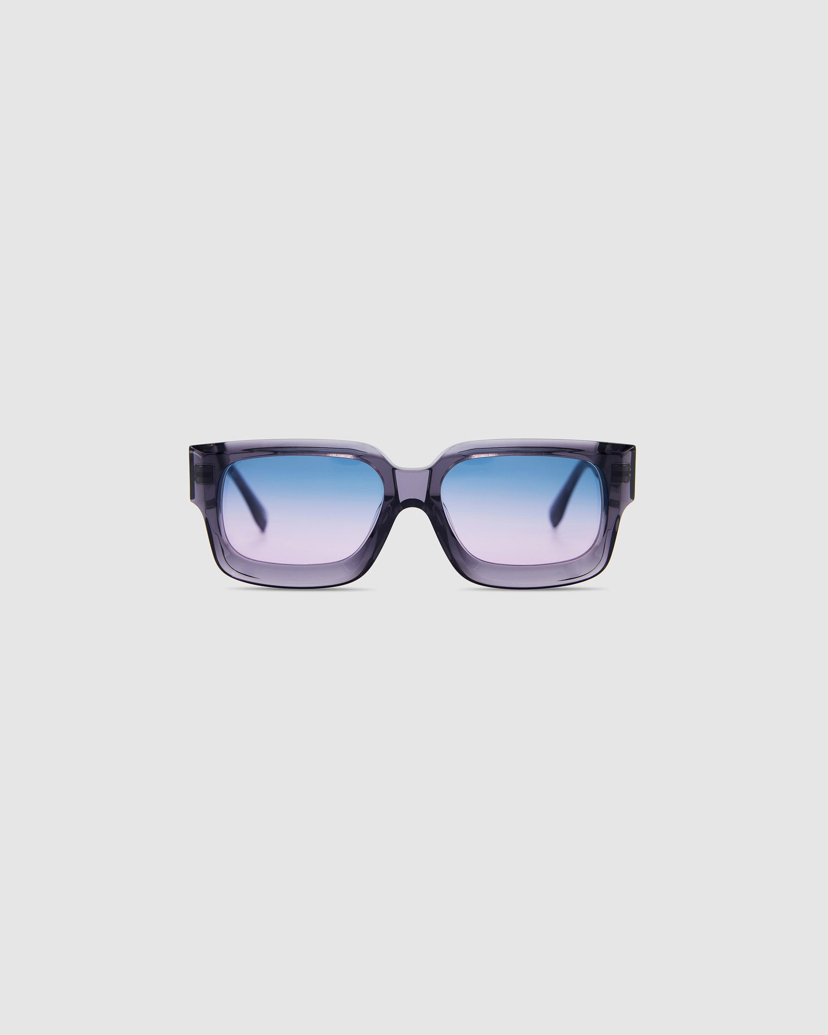 Brutal 3.0 Crystal Sunglasses by Tribu Eyewear — Smoke Crystal square acetate frame, Deep Ocean lens, front view light grey background.