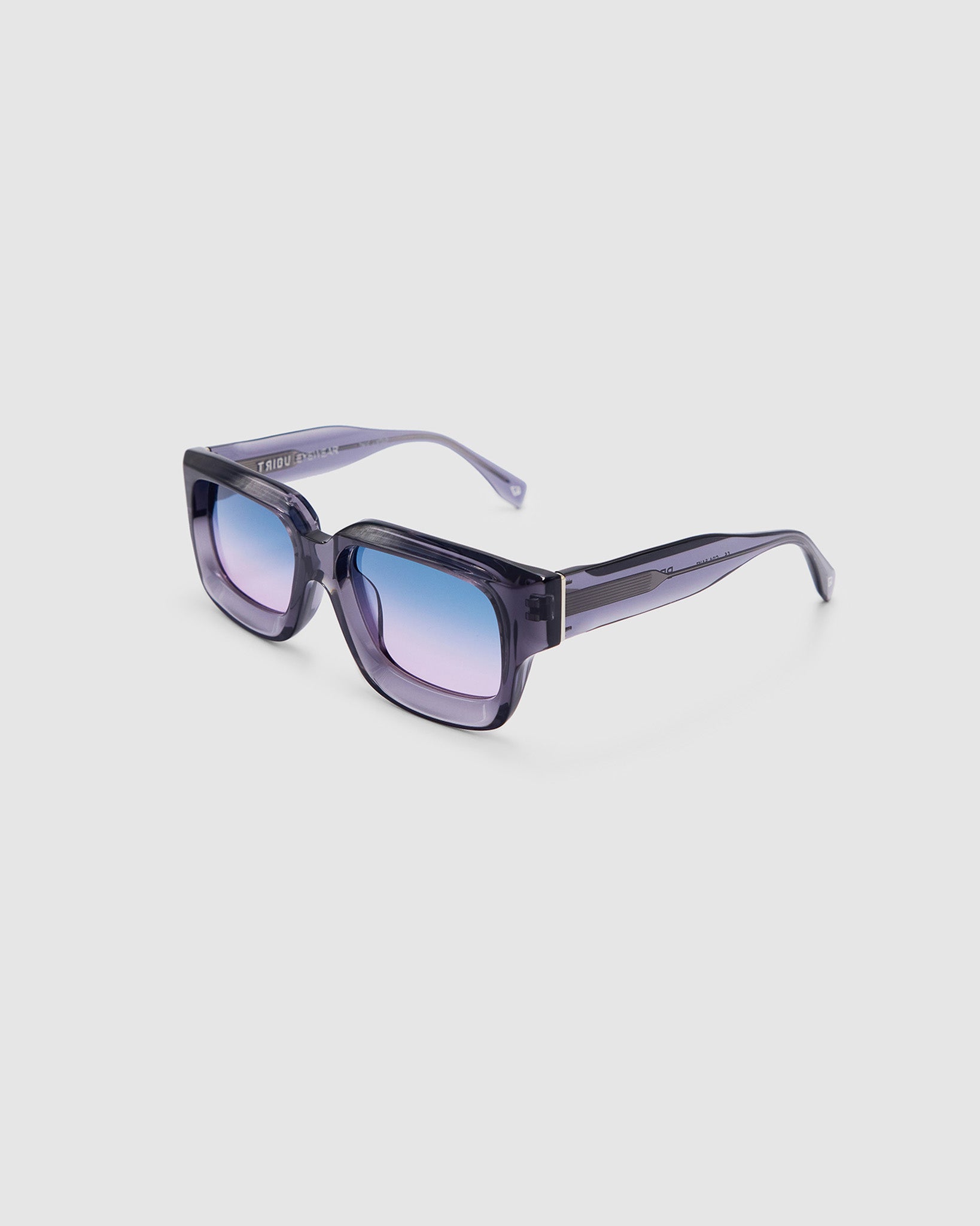 Brutal 3.0 Crystal Sunglasses by Tribu Eyewear — Smoke Crystal square acetate frame, Deep Ocean lens, side view light grey background.