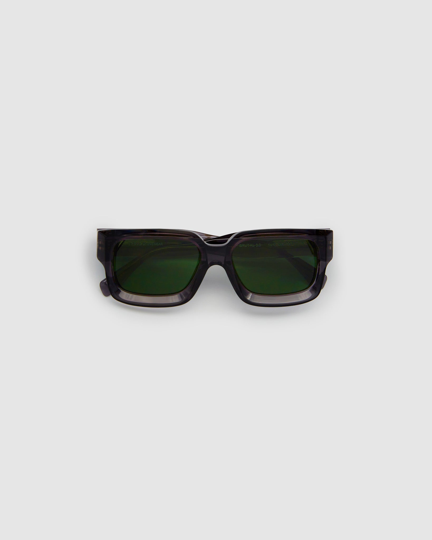 Brutal 3.0 Green Polarised Sunglasses by Tribu Eyewear — Smoke Crystal square acetate frame, flat view light grey background.