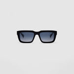 Brutal 5.0 Polarised Sunglasses by Tribu Eyewear — Black on Crystal rectangular acetate frame, grey lens, front view light grey background.