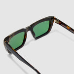 Brutal 5.0 Polarised Sunglasses by Tribu Eyewear — Black on tort rectangular acetate frame, green lens, detailed view light grey background.