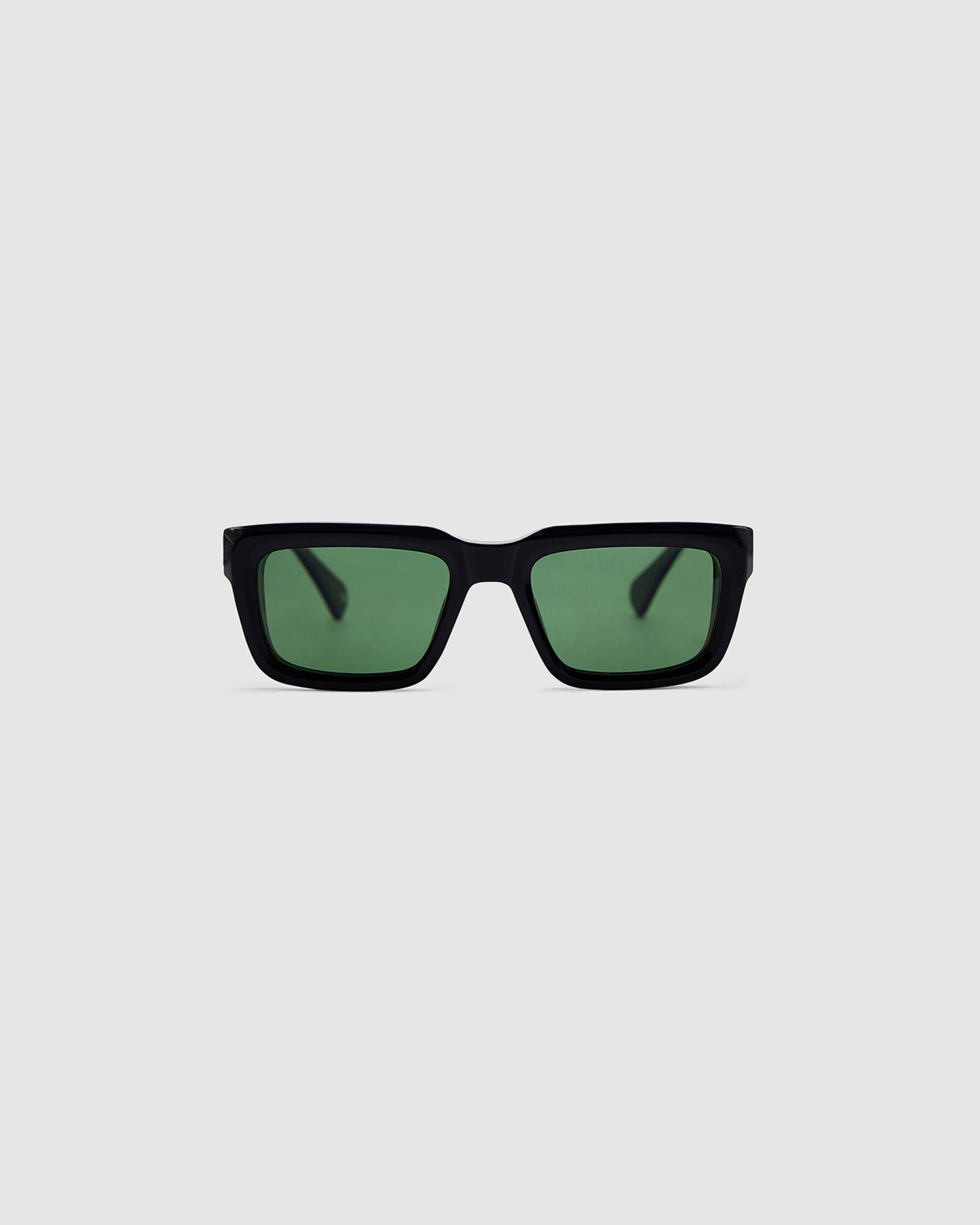 Brutal 5.0 Polarised Sunglasses by Tribu Eyewear — Black rectangular acetate frame, green lens, front view light grey background.