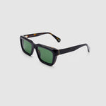 Brutal 5.0 Polarised Sunglasses by Tribu Eyewear — Black on tort rectangular acetate frame, green lens, side view light grey background.