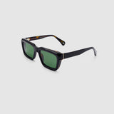 Brutal 5.0 Polarised Sunglasses by Tribu Eyewear — Black on tort rectangular acetate frame, green lens, side view light grey background.