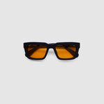 Brutal 5.0 Sunglasses by Tribu Eyewear — Matte black rectangular acetate frame, desert orange lens, flat view light grey background.