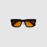 Brutal 5.0 Sunglasses by Tribu Eyewear — Matte black rectangular acetate frame, desert orange lens, flat view light grey background.