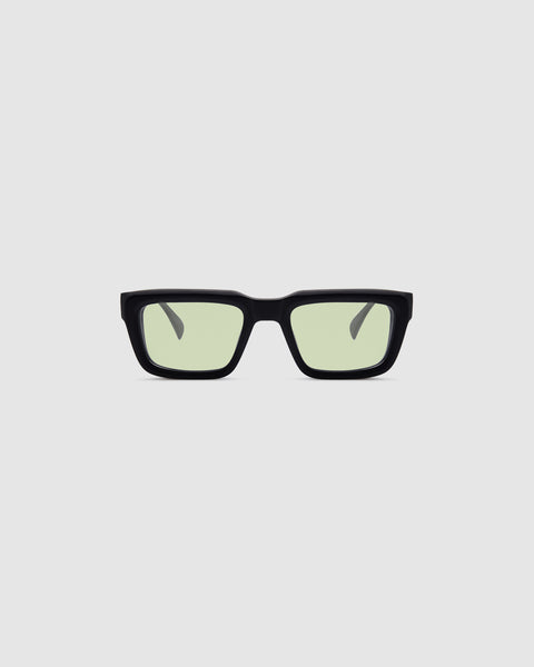 Brutal 5.0 Sunglasses by Tribu Eyewear — Matte black rectangular acetate frame, sage lens, front view light grey background.