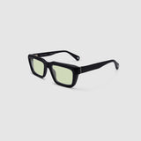 Brutal 5.0 Sunglasses by Tribu Eyewear — Matte black rectangular acetate frame, sage lens, side view light grey background.