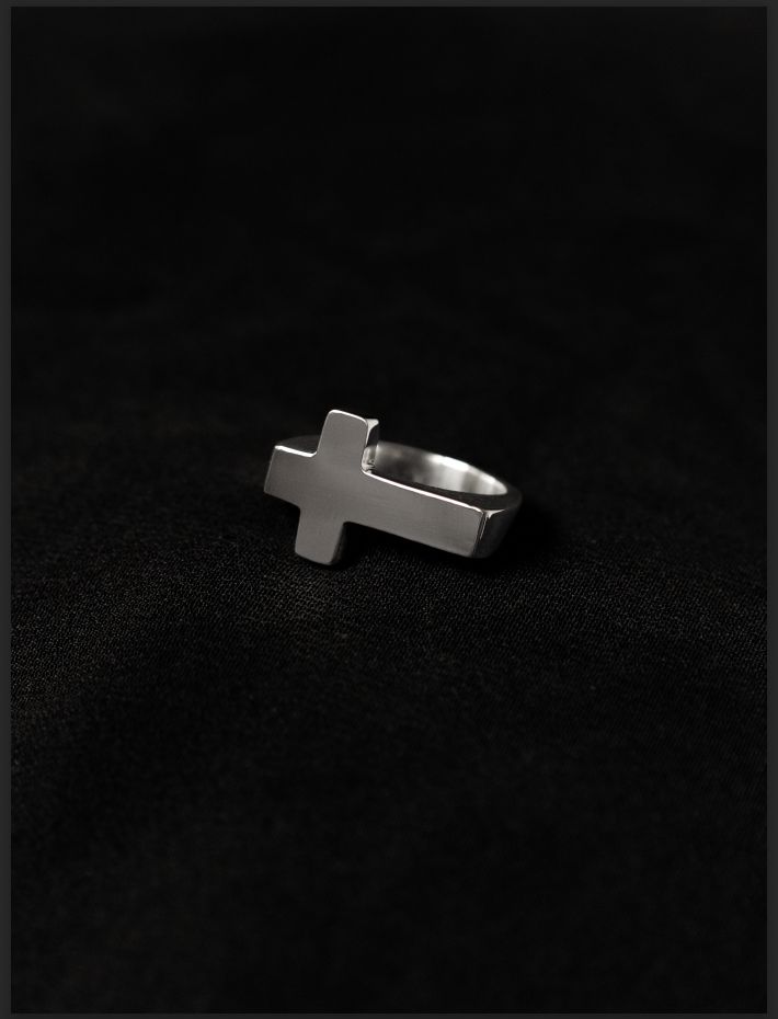 Cross Ring TRIBU — Sterling Silver, front side view on black background.