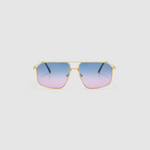 FONDA Brushed Gold Sunglasses by Tribu Eyewear — Fine wire metal aviator frame, deep ocean lens front view on white background. 
