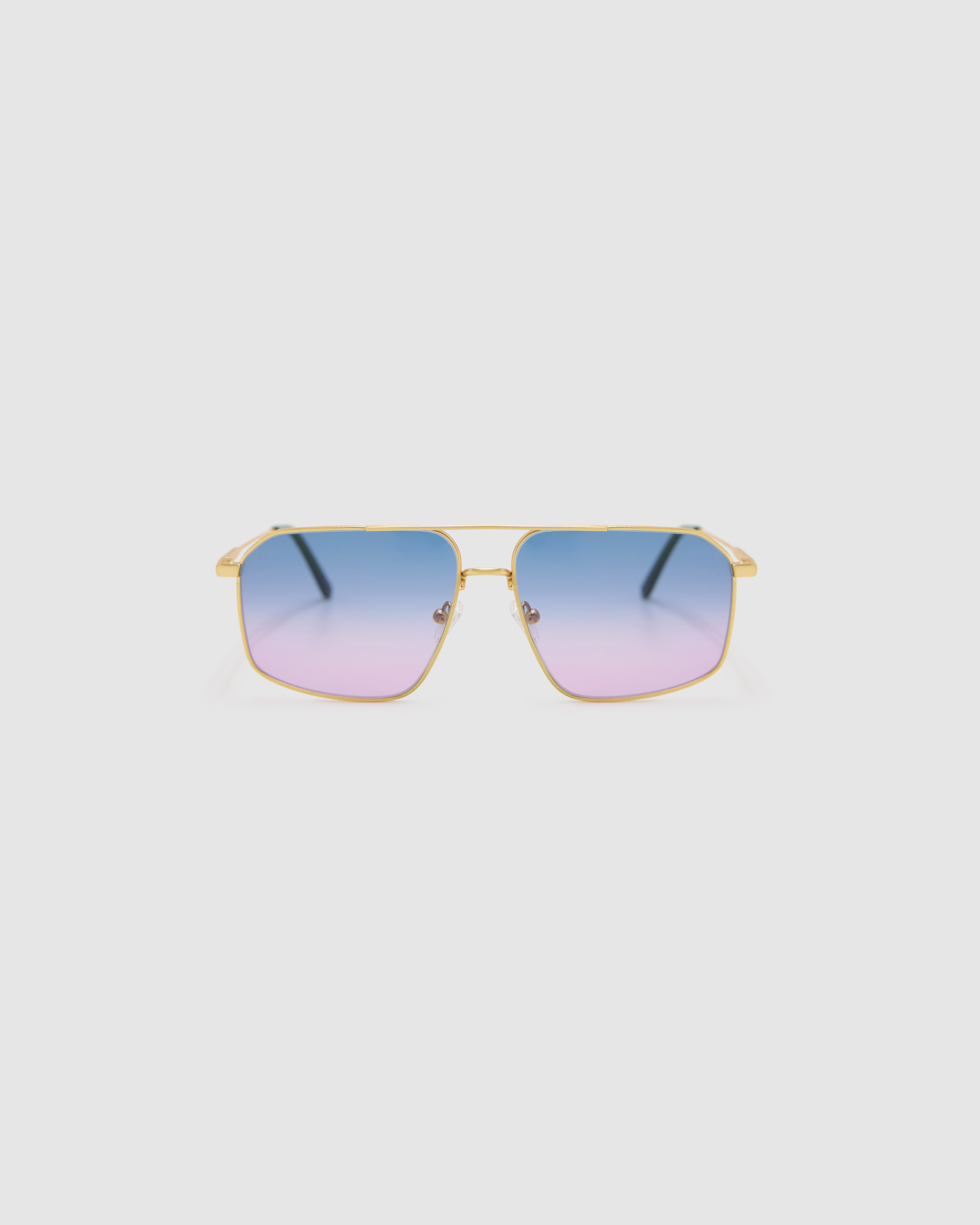 FONDA Brushed Gold Sunglasses by Tribu Eyewear — Fine wire metal aviator frame, deep ocean lens front view on white background. 
