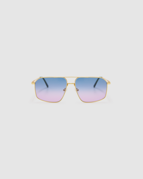 FONDA Brushed Gold Sunglasses by Tribu Eyewear — Fine wire metal aviator frame, deep ocean lens front view on white background. 