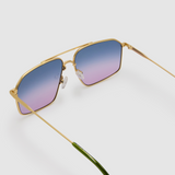 FONDA Brushed Gold Sunglasses by Tribu Eyewear — Deep Ocean, detail view.