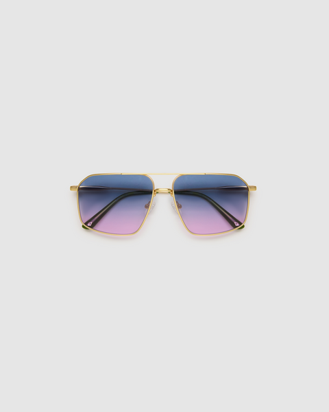 FONDA Brushed Gold Sunglasses by Tribu Eyewear — Fine wire metal aviator frame, deep ocean lens flat view on white background. 