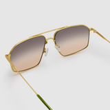 Fonda Gold Sunglasses by Tribu Eyewear  — Fine wire metal aviator frame, dusk tint detailed view on white background. 