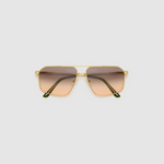 Fonda Gold Sunglasses by Tribu Eyewear  — Fine wire metal aviator frame, dusk tint flat view on white background. 