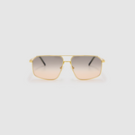 Fonda Gold Sunglasses by Tribu Eyewear  — Fine wire metal aviator frame, dusk tint lens front view on white background. 