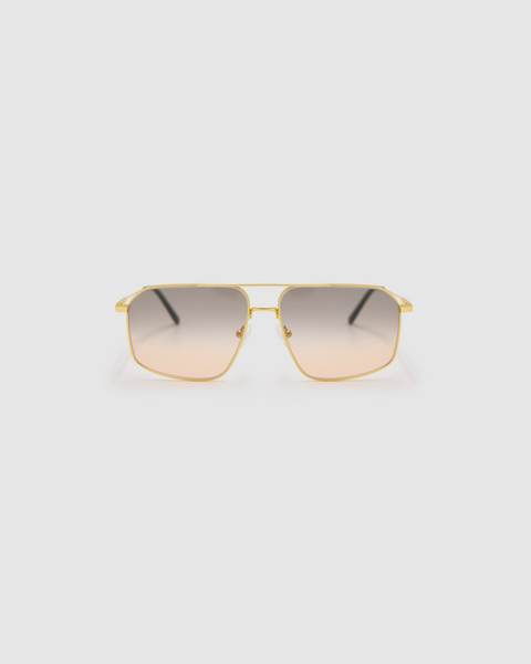 Fonda Gold Sunglasses by Tribu Eyewear  — Fine wire metal aviator frame, dusk tint lens front view on white background. 