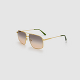 Fonda Gold Sunglasses by Tribu Eyewear  — Fine wire metal aviator frame, dusk tint lens side view on white background. 
