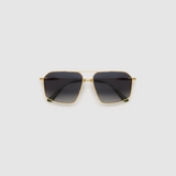 Fonda Sunglasses by Tribu Eyewear — Grey grad polarised lens in a brushed gold metal aviator frame, flat view on a grey background.