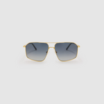 Fonda Sunglasses by Tribu Eyewear — Grey grad polarised lens in a brushed gold metal aviator frame, front view on a grey background.