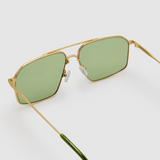 Fonda Gold Sunglasses by Tribu Eyewear  — Fine wire metal aviator frame, sage lens, detailed view on white background. 