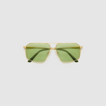 Fonda Gold Sunglasses by Tribu Eyewear  — Fine wire metal aviator frame, sage lens, flat view on white background. 