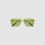 Fonda Gold Sunglasses by Tribu Eyewear  — Fine wire metal aviator frame, sage lens, flat view on white background. 