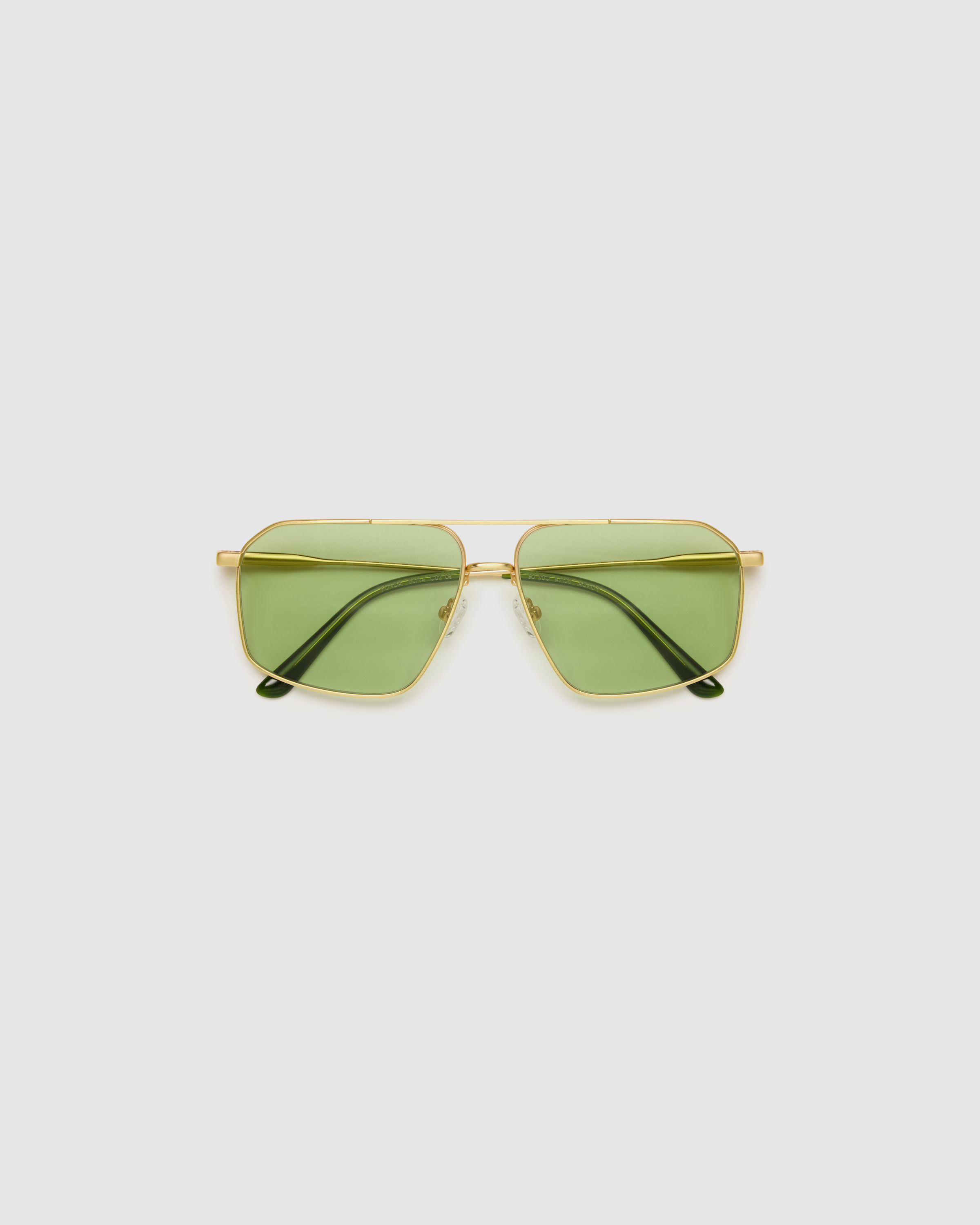 Fonda Gold Sunglasses by Tribu Eyewear  — Fine wire metal aviator frame, sage lens, flat view on white background. 