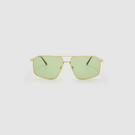 Fonda Gold Sunglasses by Tribu Eyewear  — Fine wire metal aviator frame, sage lens, front view on white background. 