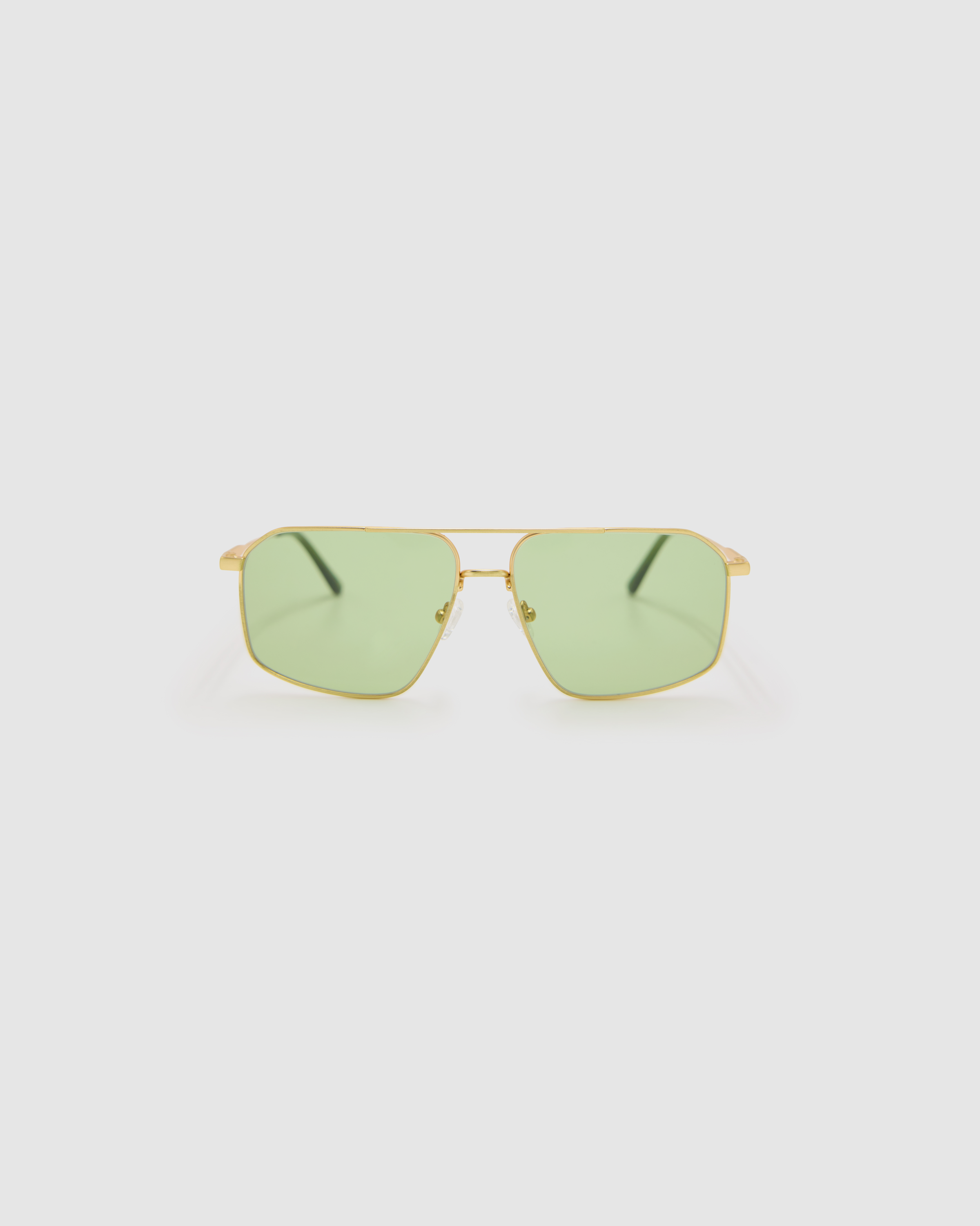 Fonda Gold Sunglasses by Tribu Eyewear  — Fine wire metal aviator frame, sage lens, front view on white background. 