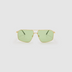 Fonda Gold Sunglasses by Tribu Eyewear  — Fine wire metal aviator frame, sage lens, front view on white background. 