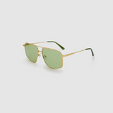 Fonda Gold Sunglasses by Tribu Eyewear  — Fine wire metal aviator frame, sage lens, side view on white background. 
