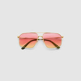 Fonda Gold Sunglasses by Tribu Eyewear  — Fine wire metal aviator frame, sunset tint lens , flat view on white background. 