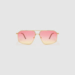 Fonda Gold Sunglasses by Tribu Eyewear  — Fine wire metal aviator frame, sunset tint lens front view on white background. 