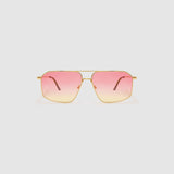 Fonda Gold Sunglasses by Tribu Eyewear  — Fine wire metal aviator frame, sunset tint lens front view on white background. 