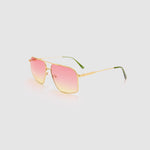 Fonda Gold Sunglasses by Tribu Eyewear  — Fine wire metal aviator frame, sunset tint lens, side view on white background. 