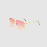 Fonda Gold Sunglasses by Tribu Eyewear  — Fine wire metal aviator frame, sunset tint lens, side view on white background. 