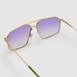 Fonda Gold Sunglasses by Tribu Eyewear  — Fine wire metal aviator frame, virgin violet lens, detailed view on white background. 