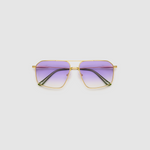 Fonda Gold Sunglasses by Tribu Eyewear  — Fine wire metal aviator frame, virgin violet lens, flat view on white background. 