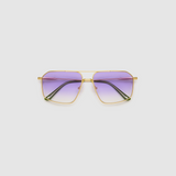 Fonda Gold Sunglasses by Tribu Eyewear  — Fine wire metal aviator frame, virgin violet lens, flat view on white background. 