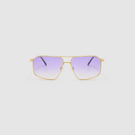 Fonda Gold Sunglasses by Tribu Eyewear  — Fine wire metal aviator frame, virgin violet lens, front view on white background. 
