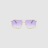 Fonda Gold Sunglasses by Tribu Eyewear  — Fine wire metal aviator frame, virgin violet lens, front view on white background. 